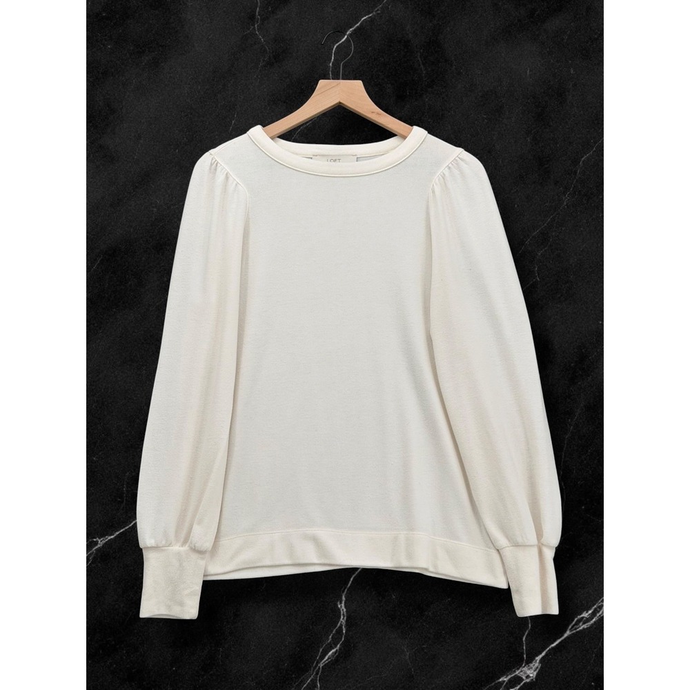 Loft Puff Shoulder Cream Knit Pullover Sweatshirt Size L